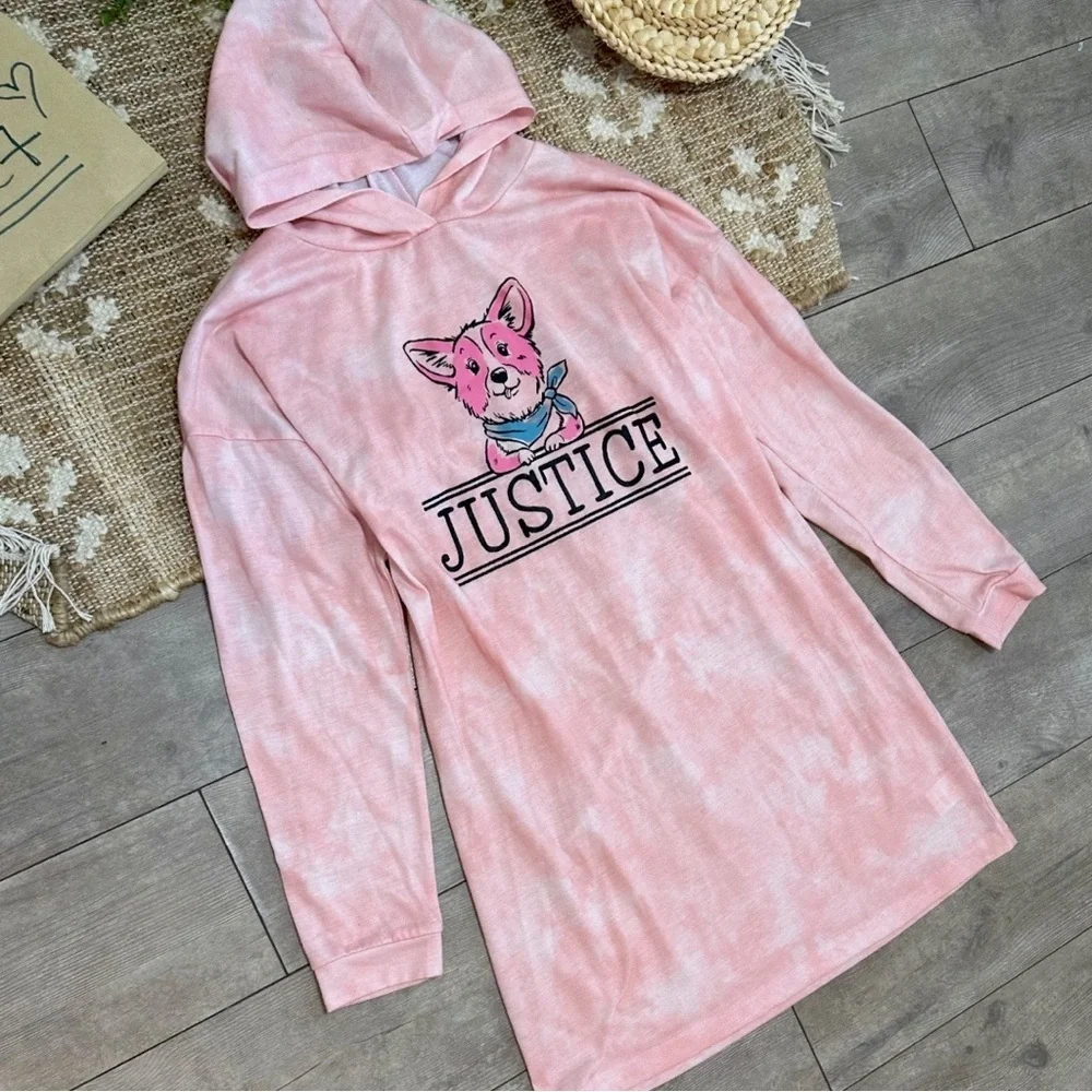 Justice Girls Hoodie Nightgown Pink With Dog Sleep Pajamas Size XL